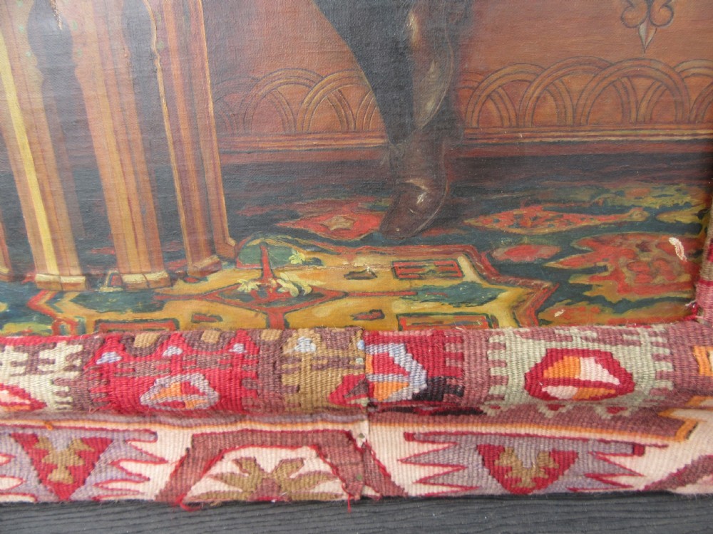UNUSUAL VICTORIAN OIL PAINTING. MOORISH ART DAMASCUS TABLE,YOUNG WOMAN & DOG. KILIM COVERED FRAME View IX