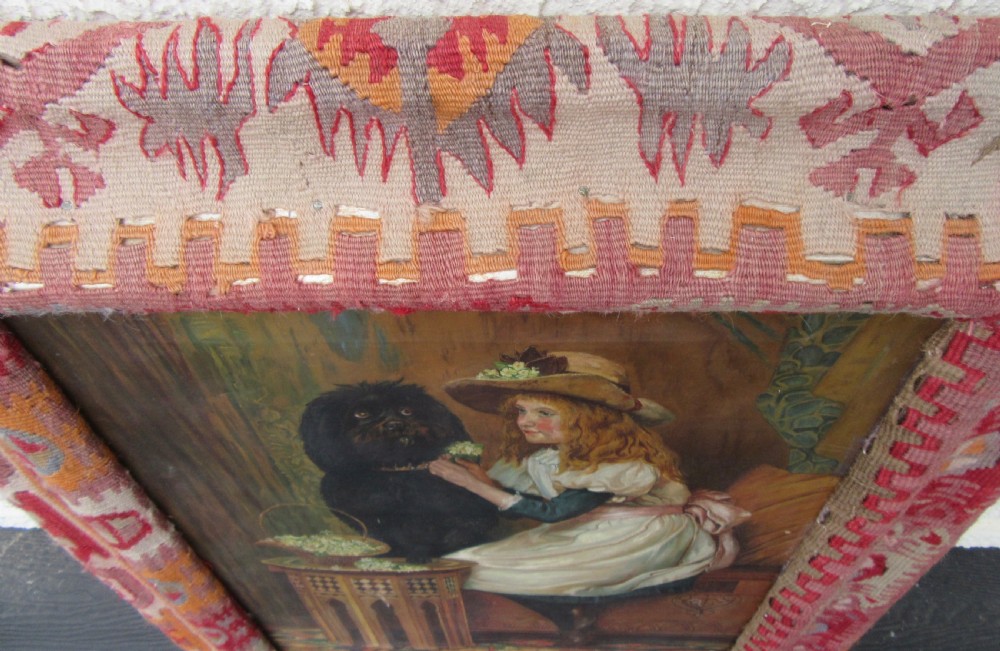 UNUSUAL VICTORIAN OIL PAINTING. MOORISH ART DAMASCUS TABLE,YOUNG WOMAN & DOG. KILIM COVERED FRAME View X
