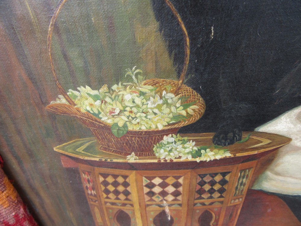 UNUSUAL VICTORIAN OIL PAINTING. MOORISH ART DAMASCUS TABLE,YOUNG WOMAN & DOG. KILIM COVERED FRAME View XII