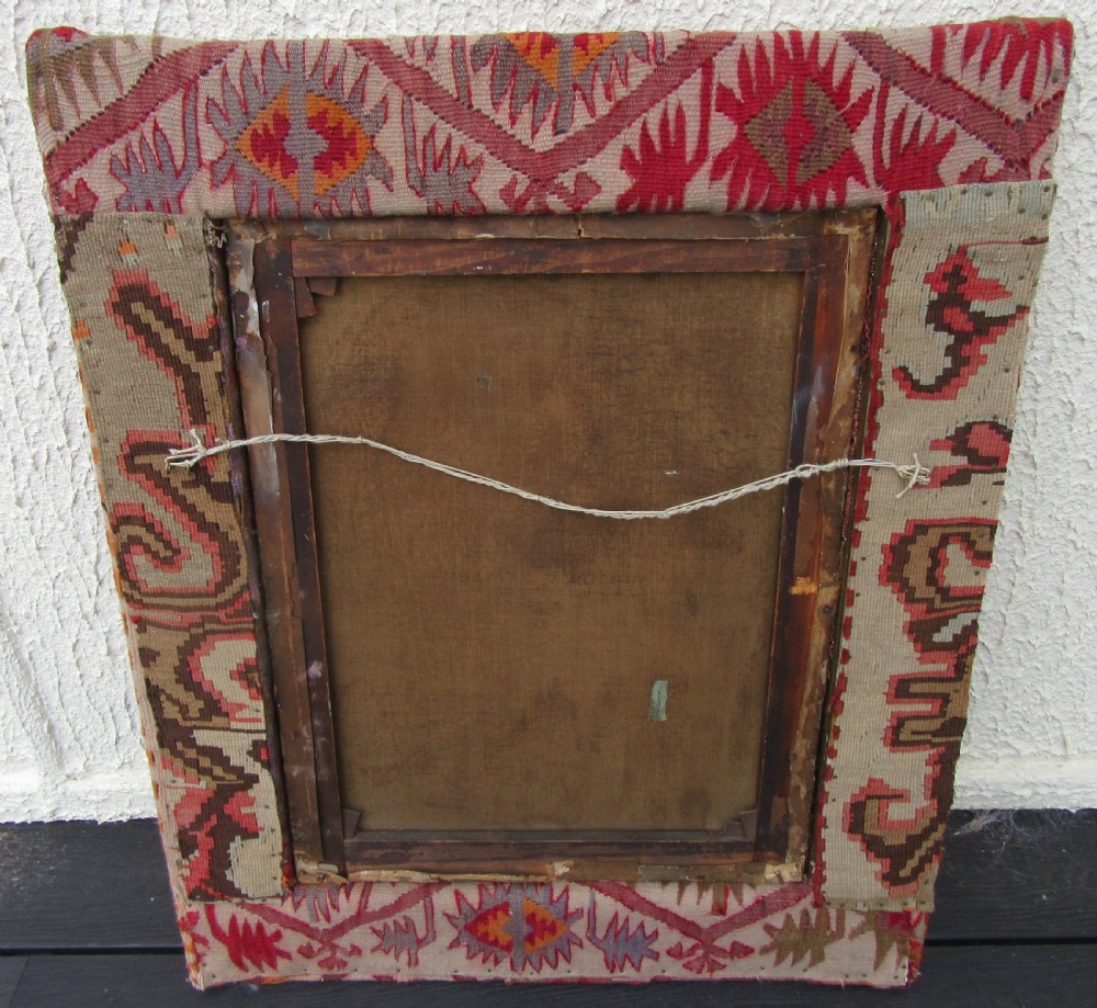 UNUSUAL VICTORIAN OIL PAINTING. MOORISH ART DAMASCUS TABLE,YOUNG WOMAN & DOG. KILIM COVERED FRAME View XIII