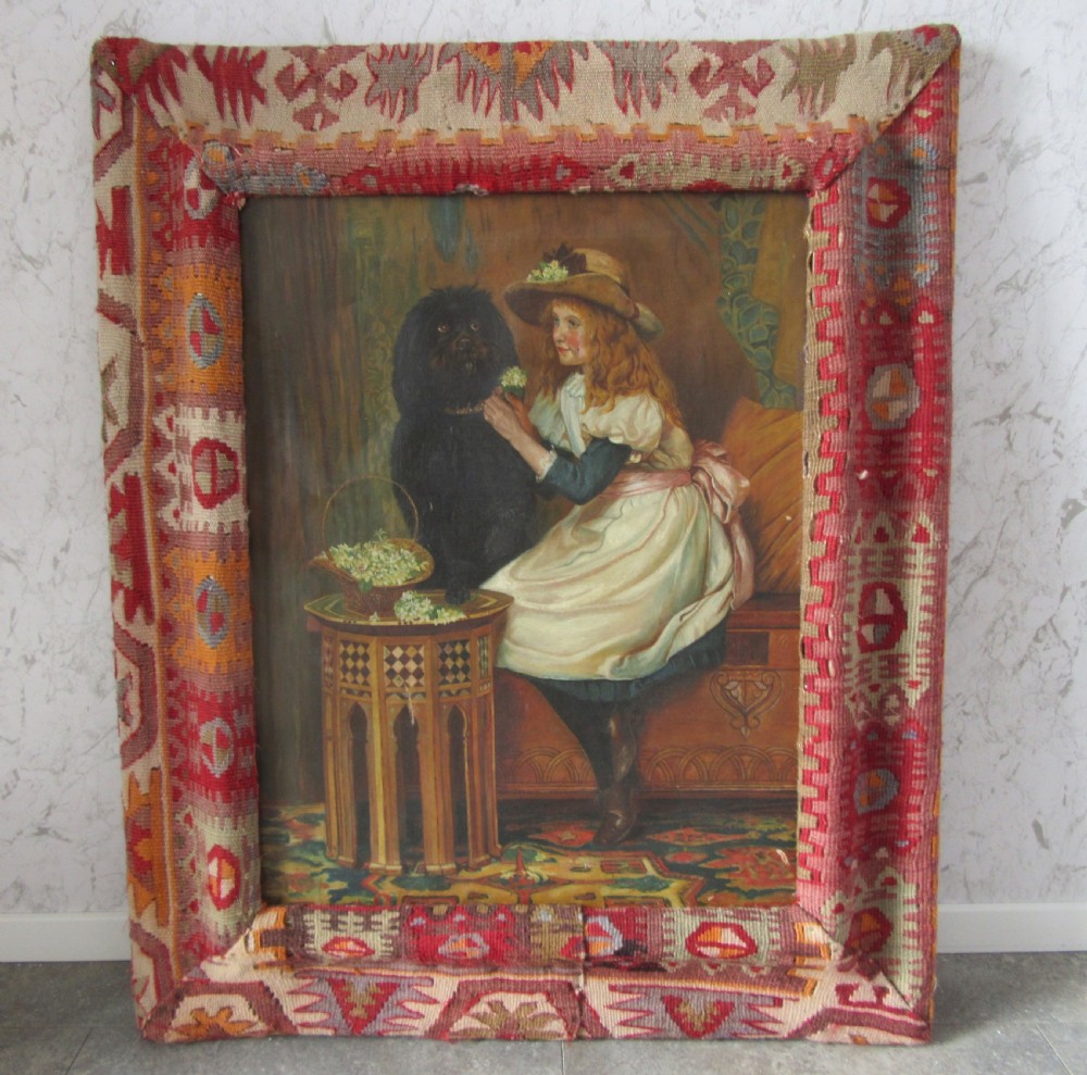 UNUSUAL VICTORIAN OIL PAINTING. MOORISH ART DAMASCUS TABLE,YOUNG WOMAN & DOG. KILIM COVERED FRAME View XX