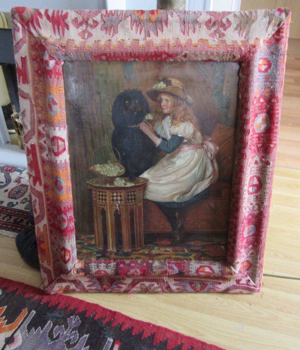 UNUSUAL VICTORIAN OIL PAINTING. MOORISH ART DAMASCUS TABLE,YOUNG WOMAN & DOG. KILIM COVERED FRAME View XXI