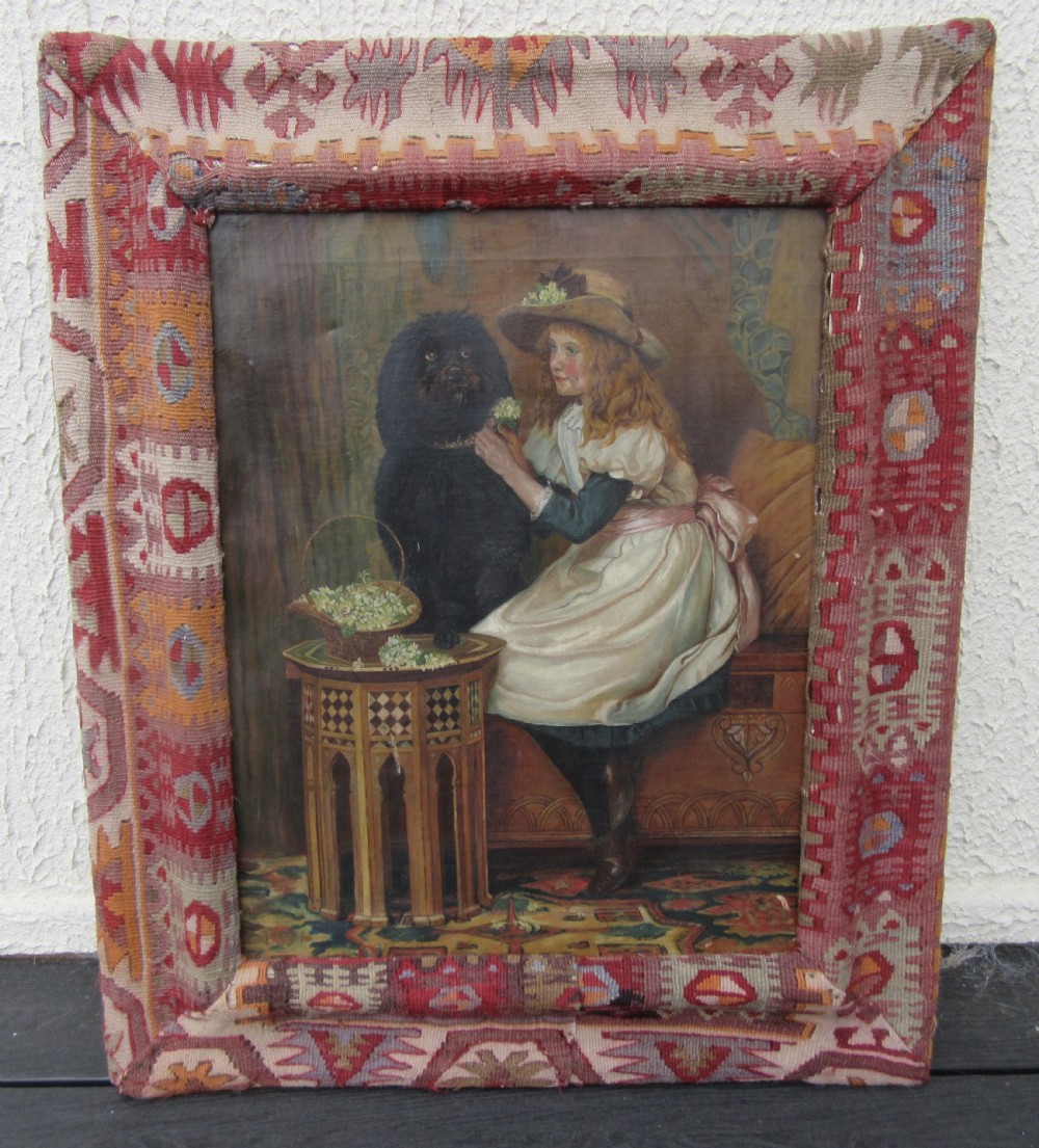 UNUSUAL VICTORIAN OIL PAINTING. MOORISH ART DAMASCUS TABLE,YOUNG WOMAN & DOG. KILIM COVERED FRAME View XXII