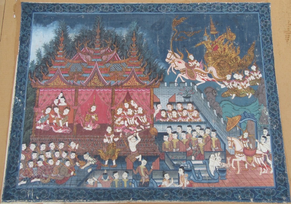 LARGE ANTIQUE THAI INDIAN PAINTING. SCENE FROM THE SANG THONG FOLK TALES