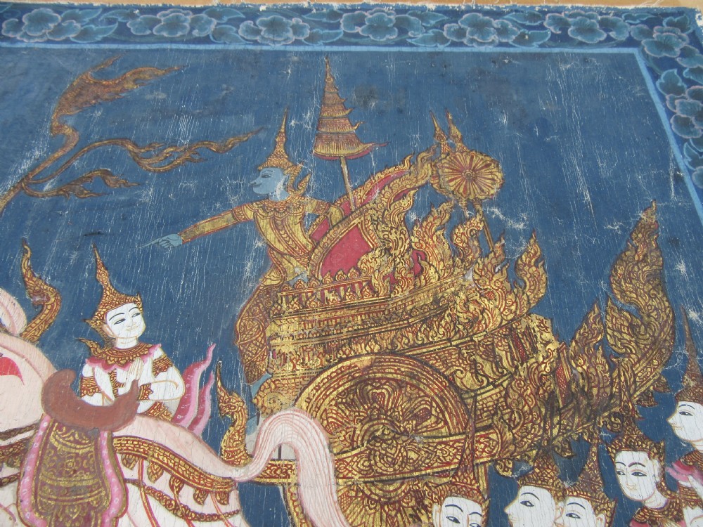 LARGE ANTIQUE THAI INDIAN PAINTING. SCENE FROM THE SANG THONG FOLK TALES View III