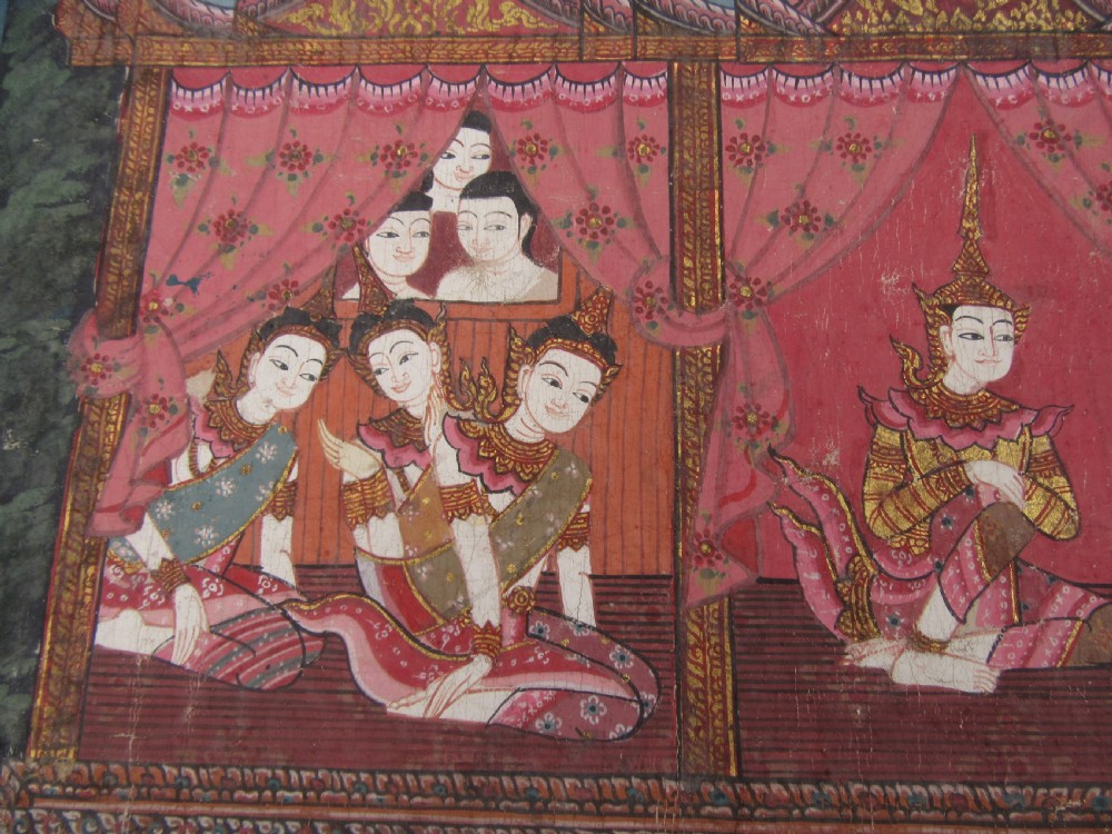LARGE ANTIQUE THAI INDIAN PAINTING. SCENE FROM THE SANG THONG FOLK TALES View IX