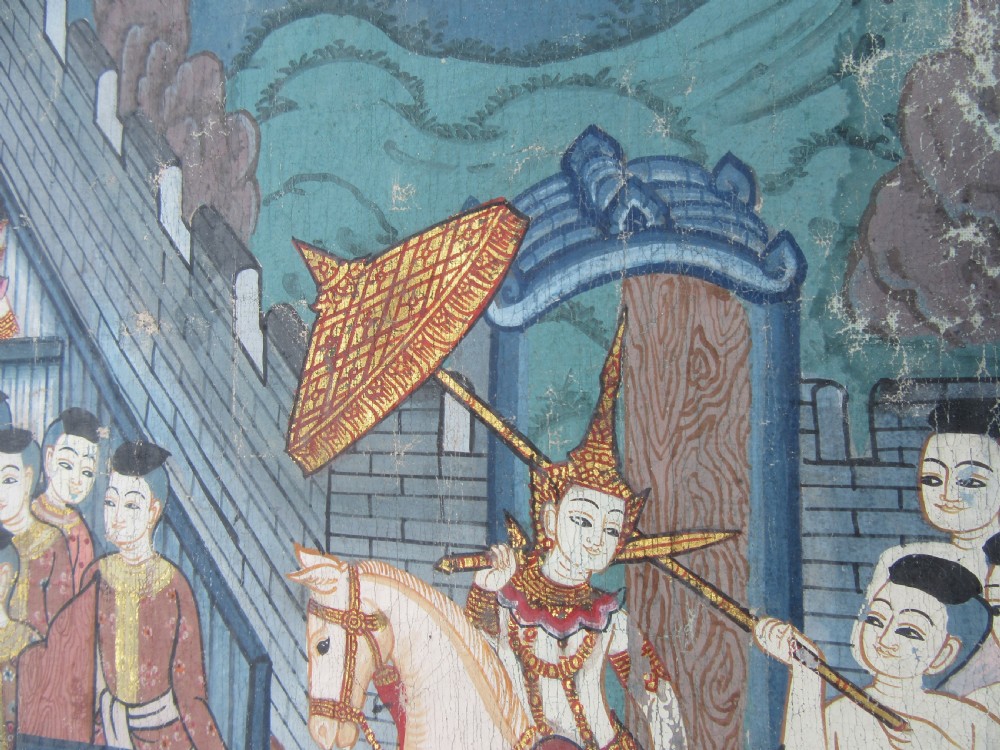 LARGE ANTIQUE THAI INDIAN PAINTING. SCENE FROM THE SANG THONG FOLK TALES View XXIV