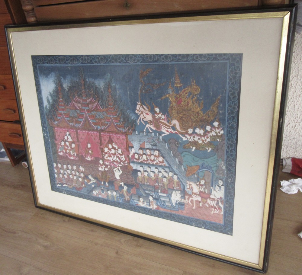 LARGE ANTIQUE THAI INDIAN PAINTING. SCENE FROM THE SANG THONG FOLK TALES View XXX
