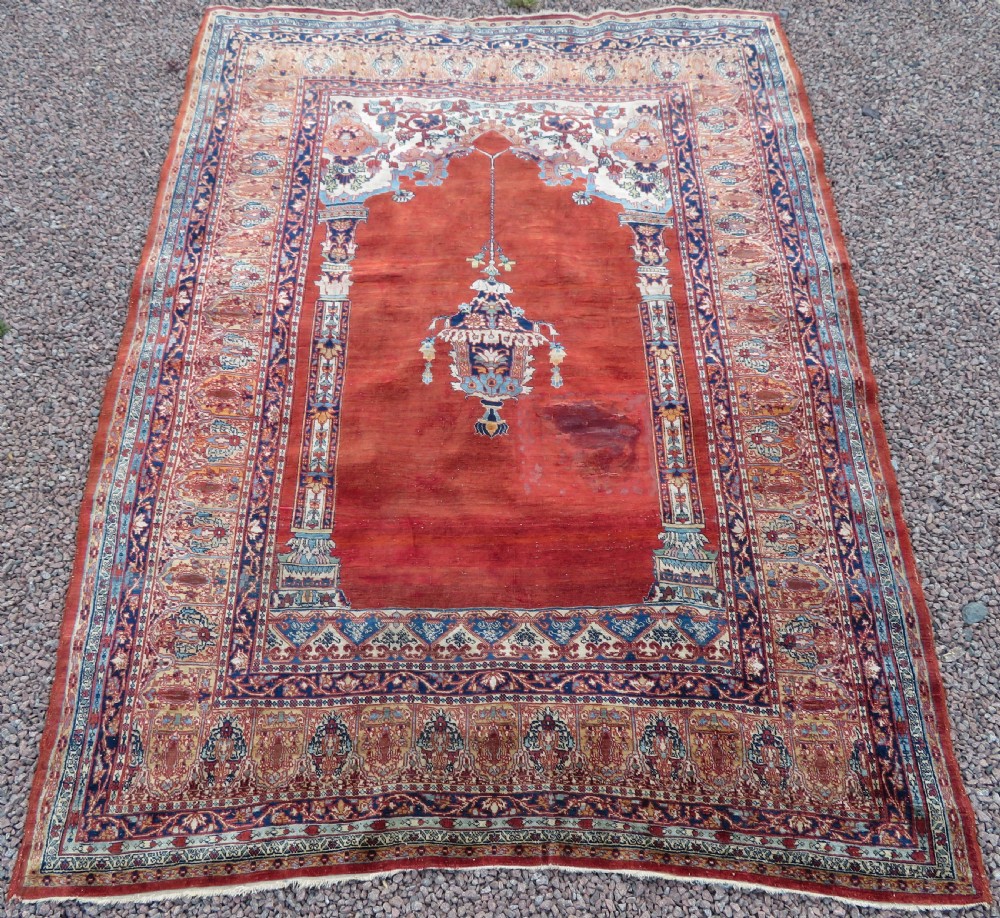 DISTRESSED ANTIQUE SILK TABRIZ PRAYER RUG. THIRD QUARTER 19TH CENTURY.