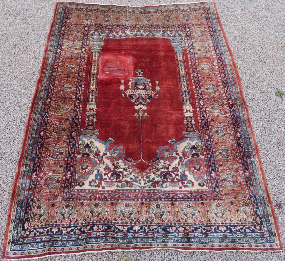DISTRESSED ANTIQUE SILK TABRIZ PRAYER RUG. THIRD QUARTER 19TH CENTURY. View II