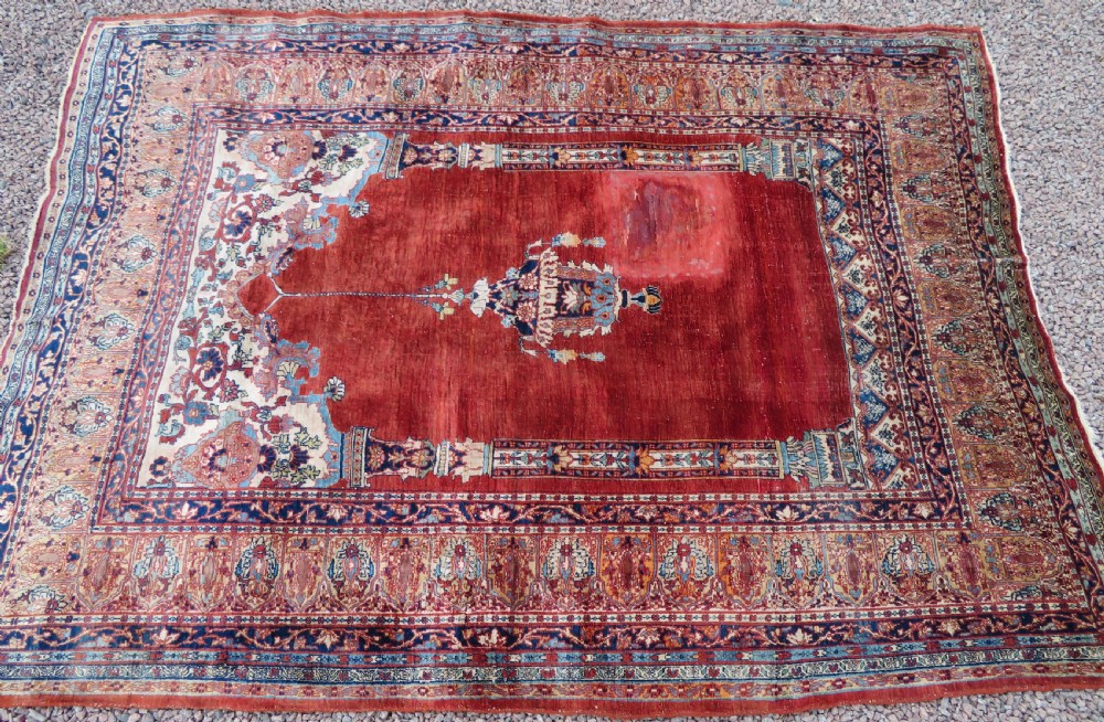 DISTRESSED ANTIQUE SILK TABRIZ PRAYER RUG. THIRD QUARTER 19TH CENTURY. View III