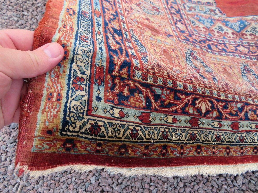 DISTRESSED ANTIQUE SILK TABRIZ PRAYER RUG. THIRD QUARTER 19TH CENTURY. View X