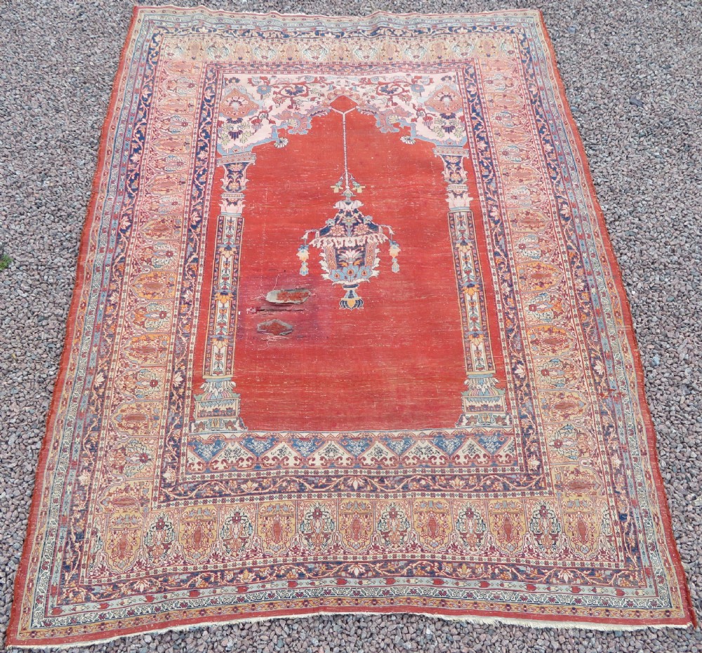 DISTRESSED ANTIQUE SILK TABRIZ PRAYER RUG. THIRD QUARTER 19TH CENTURY. View XXIV