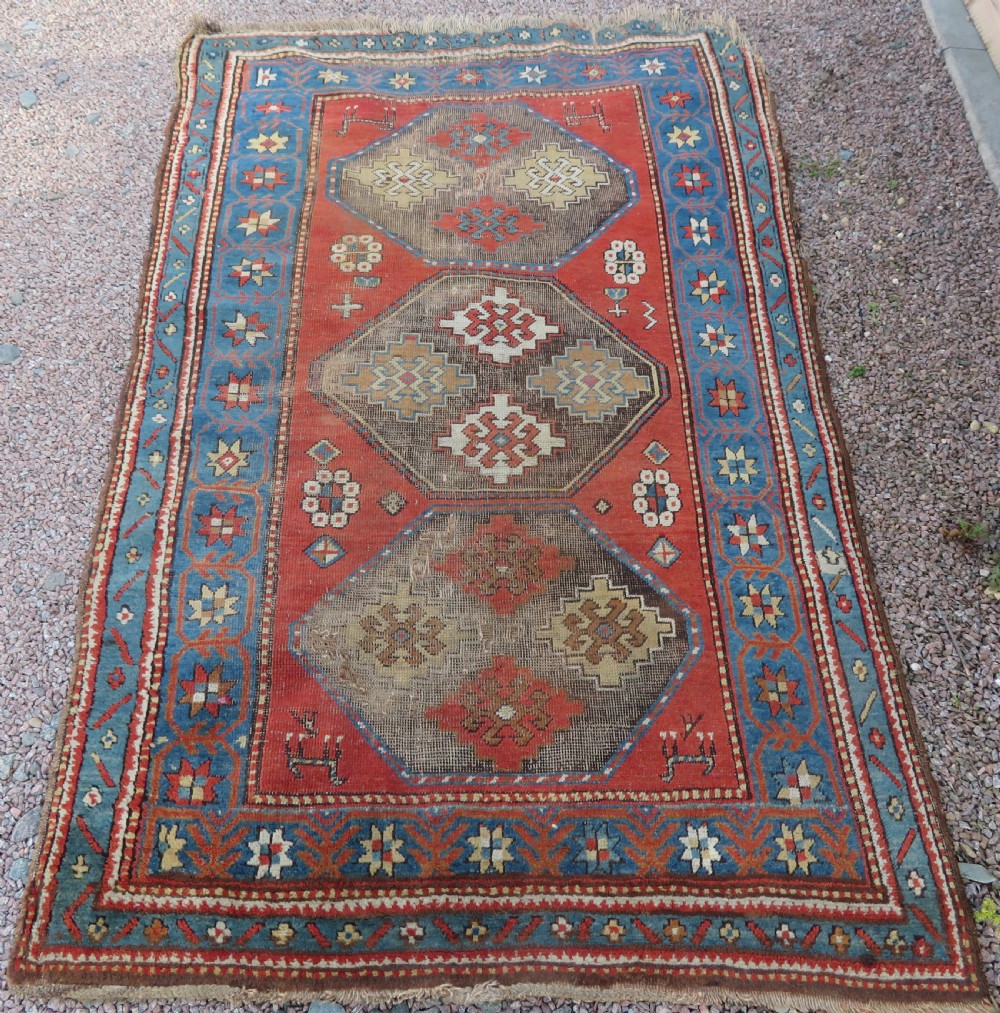 ANTIQUE SHABBY CHIC CAUCASIAN KAZAK LARGE RUG. ANIMALS & BIRDS. View II