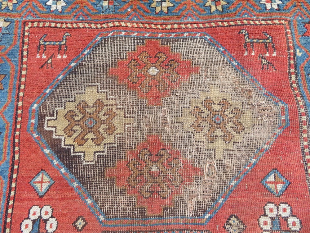 ANTIQUE SHABBY CHIC CAUCASIAN KAZAK LARGE RUG. ANIMALS & BIRDS. View V