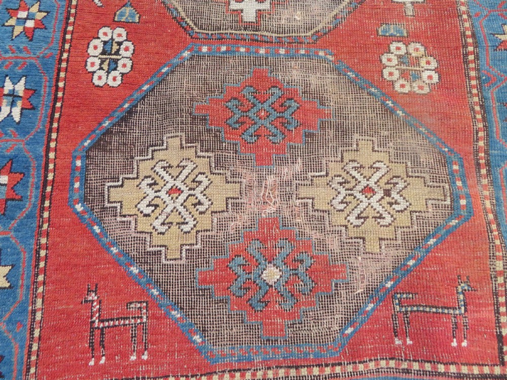 ANTIQUE SHABBY CHIC CAUCASIAN KAZAK LARGE RUG. ANIMALS & BIRDS. View VI