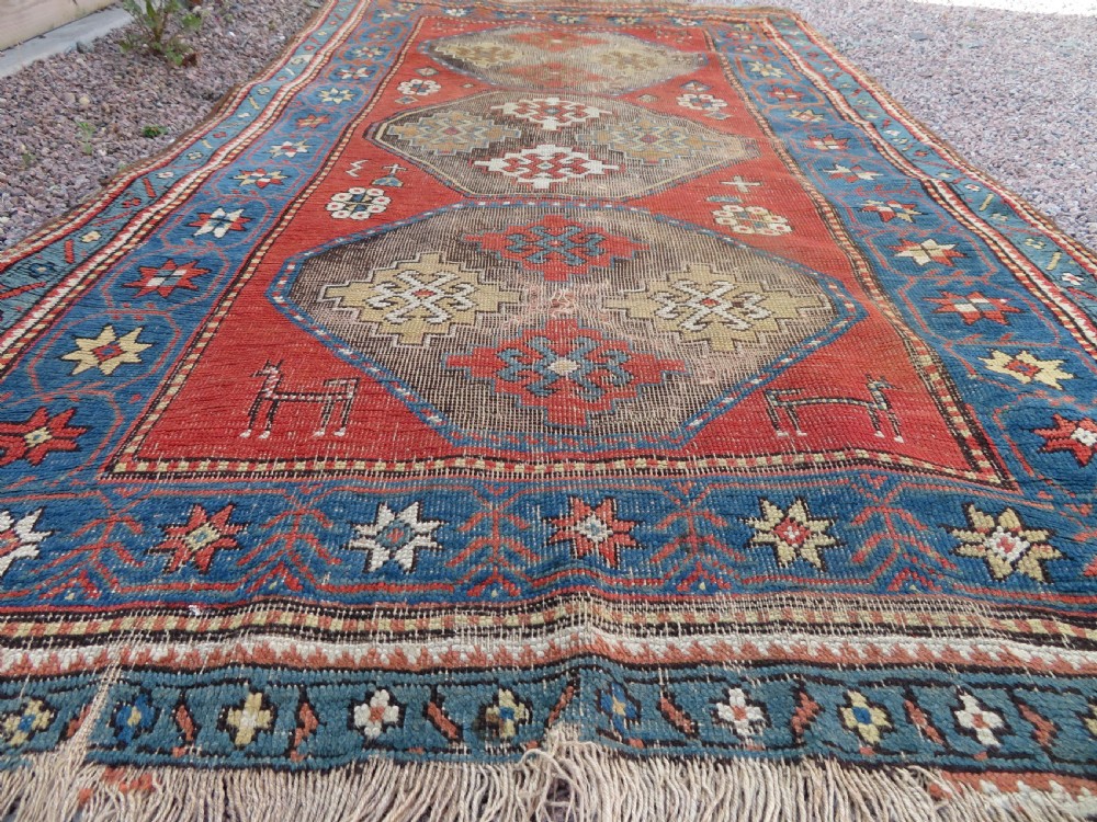 ANTIQUE SHABBY CHIC CAUCASIAN KAZAK LARGE RUG. ANIMALS & BIRDS. View XVI