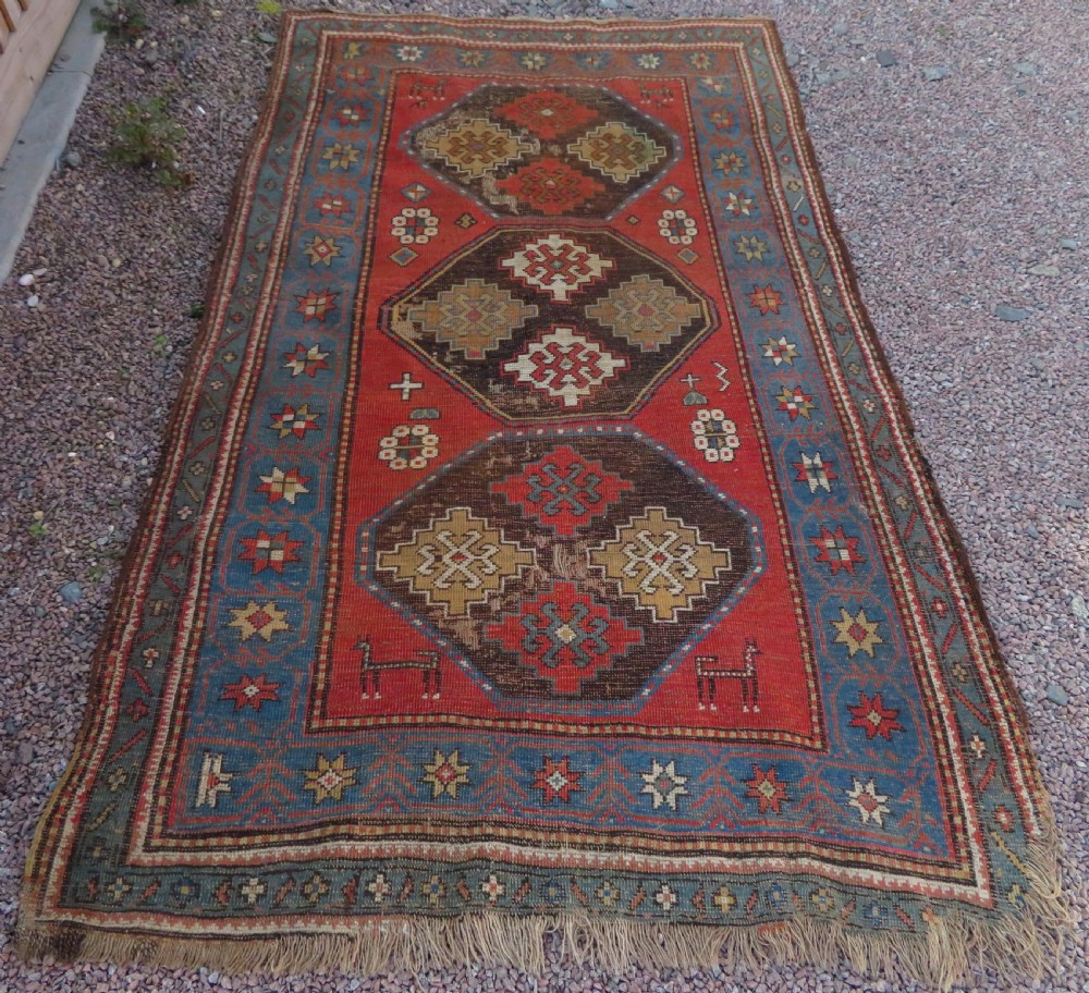 ANTIQUE SHABBY CHIC CAUCASIAN KAZAK LARGE RUG. ANIMALS & BIRDS. View XXI