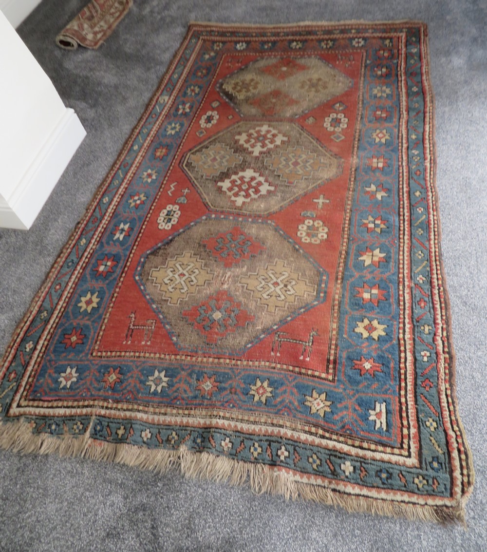 ANTIQUE SHABBY CHIC CAUCASIAN KAZAK LARGE RUG. ANIMALS & BIRDS. View XXVII