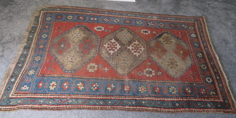 ANTIQUE SHABBY CHIC CAUCASIAN KAZAK LARGE RUG. ANIMALS & BIRDS. View XXVIII