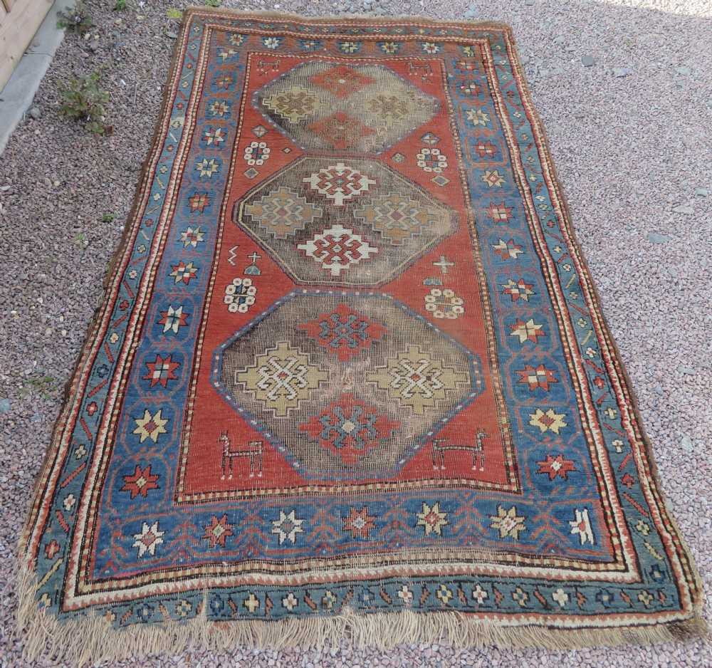 ANTIQUE SHABBY CHIC CAUCASIAN KAZAK LARGE RUG. ANIMALS & BIRDS. View XXXI
