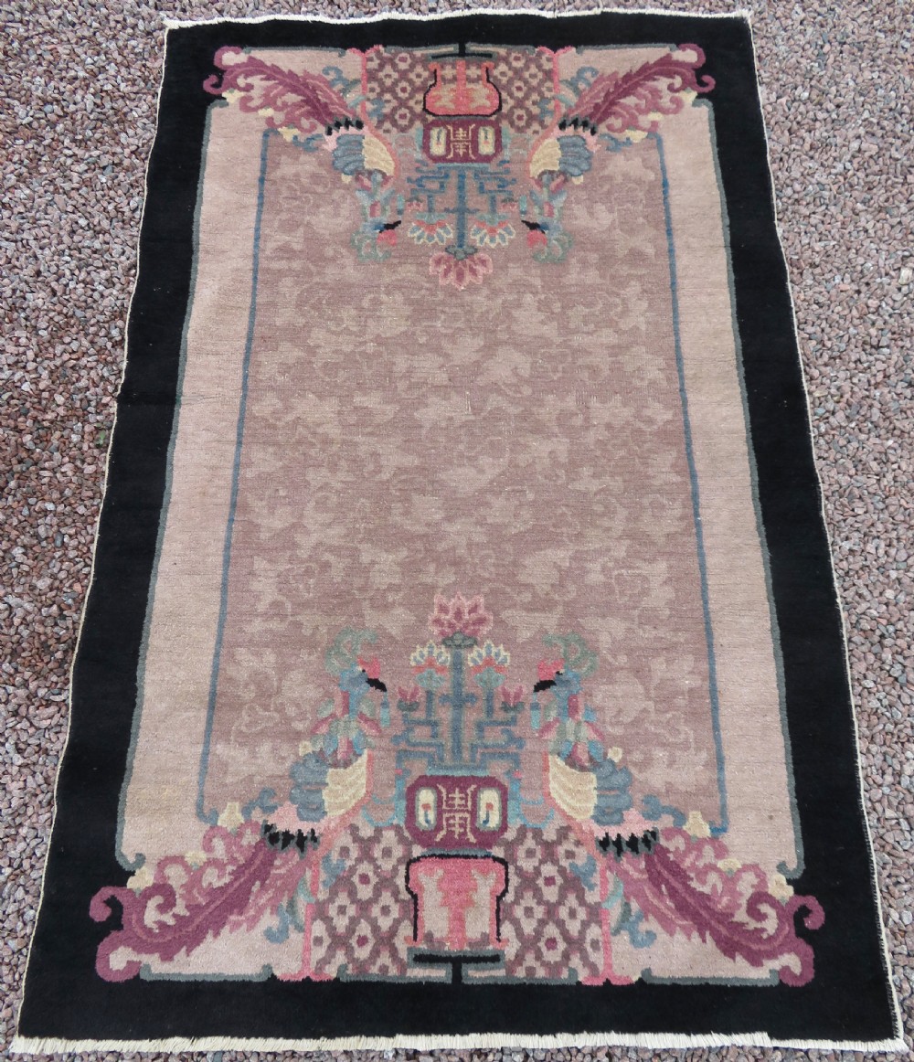 UNUSUAL ANTIQUE CHINESE ART DECO RUG. WITH PHOENIX & SHOU CHARACTER SYMBOLOGY.
