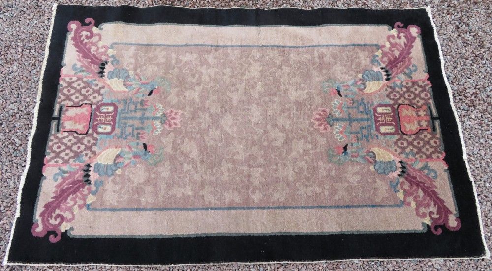 UNUSUAL ANTIQUE CHINESE ART DECO RUG. WITH PHOENIX & SHOU CHARACTER SYMBOLOGY. View IV
