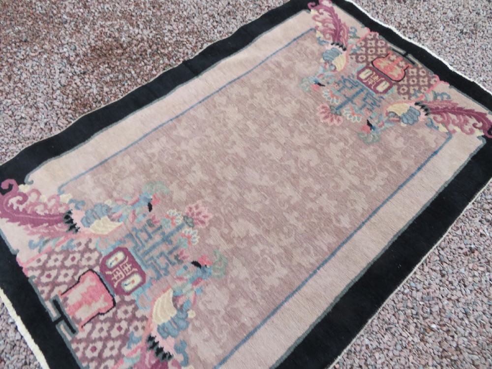 UNUSUAL ANTIQUE CHINESE ART DECO RUG. WITH PHOENIX & SHOU CHARACTER SYMBOLOGY. View XX