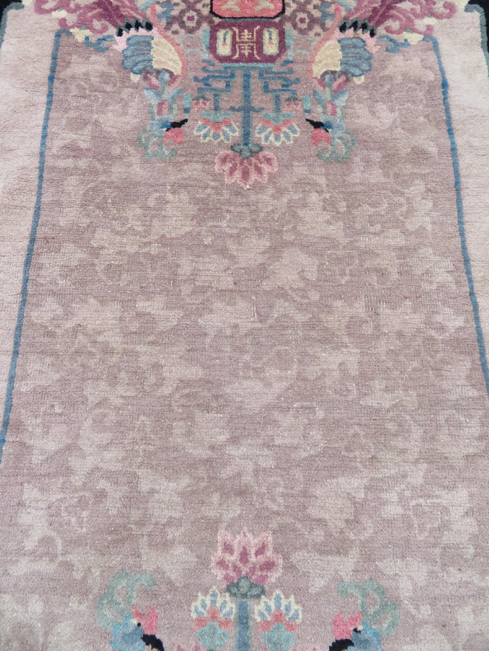 UNUSUAL ANTIQUE CHINESE ART DECO RUG. WITH PHOENIX & SHOU CHARACTER SYMBOLOGY. View XXI