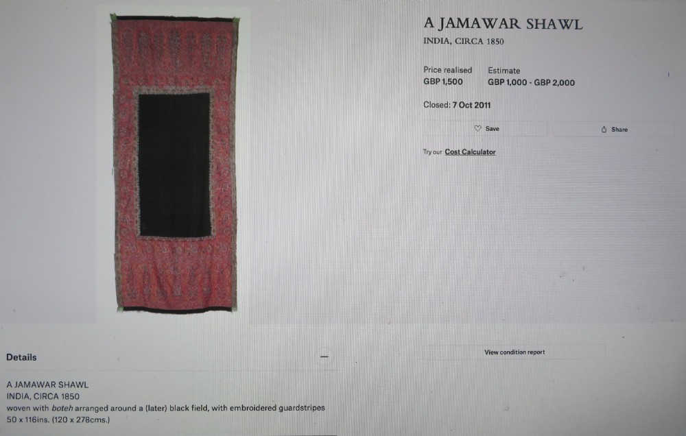 VERY FINE JAMAWAR SHAWL,KASHMIR INDIA,MID 19TH CENTURY. View XXVII