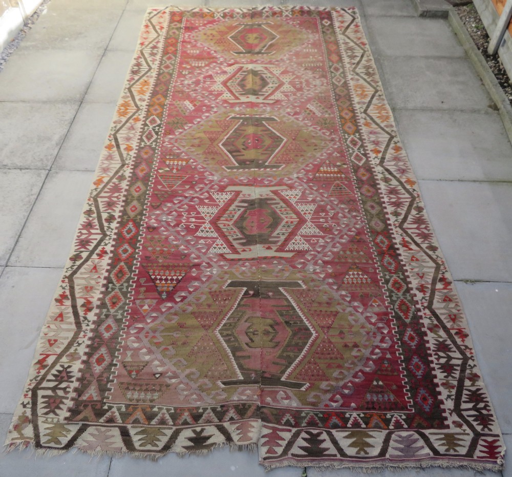 ANTIQUE TURKISH KONYA KILIM. LARGE CARPET SIZE KILIM WITH SOFT COLOURS. 323CM X 150CM. View II