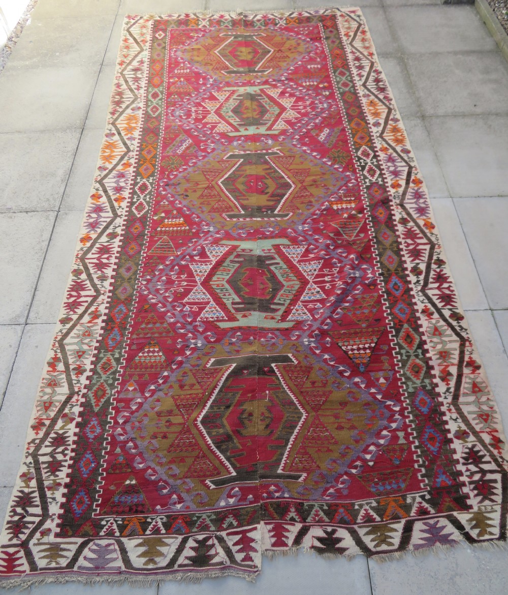 ANTIQUE TURKISH KONYA KILIM. LARGE CARPET SIZE KILIM WITH SOFT COLOURS. 323CM X 150CM. View XXX