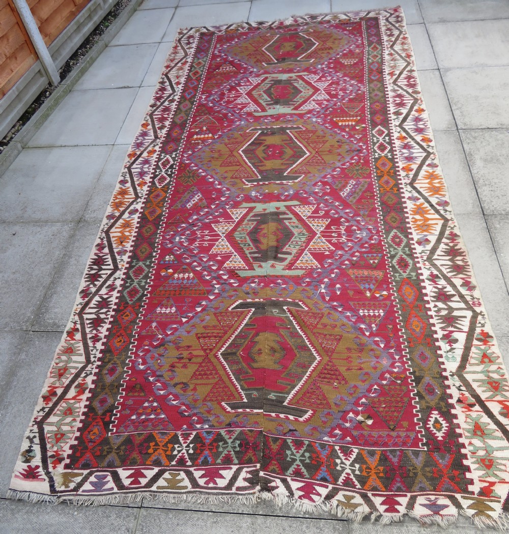 ANTIQUE TURKISH KONYA KILIM. LARGE CARPET SIZE KILIM WITH SOFT COLOURS. 323CM X 150CM. View XXIX