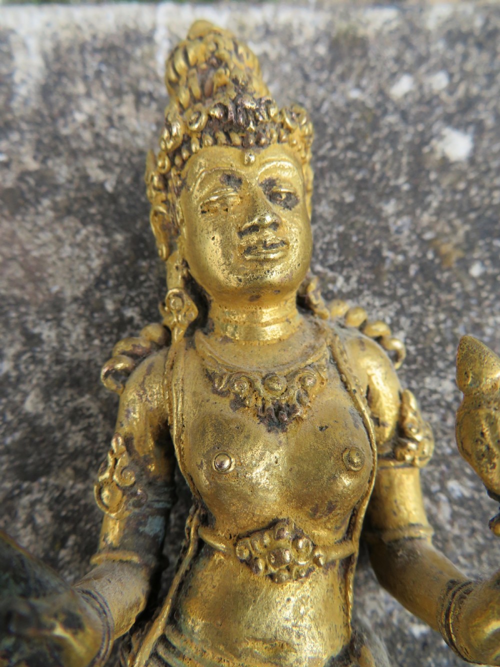 A standing gilded metal statue of a deity on a lotus base holding a lotus stem with an ornate crown and detailed jewellery. View XV