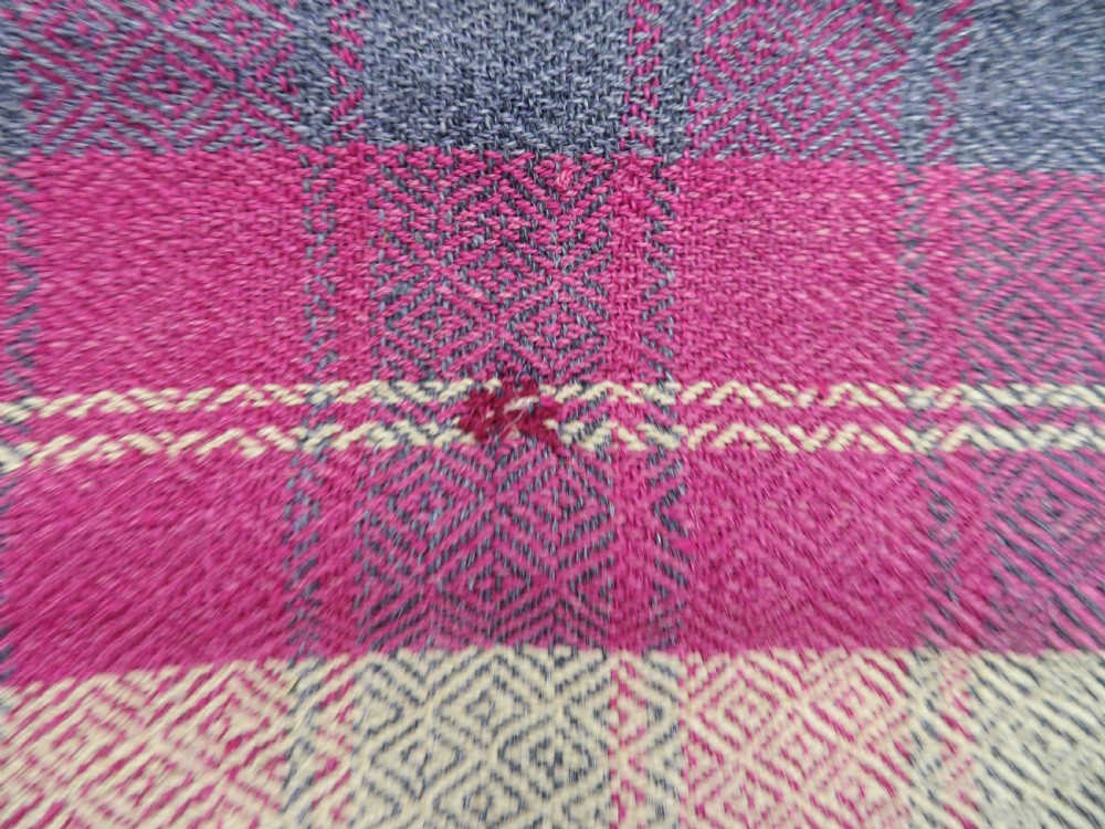 A rectangular flat-woven wool textile featuring crimson, navy, and cream geometric checked patterns with fringed ends. View XII