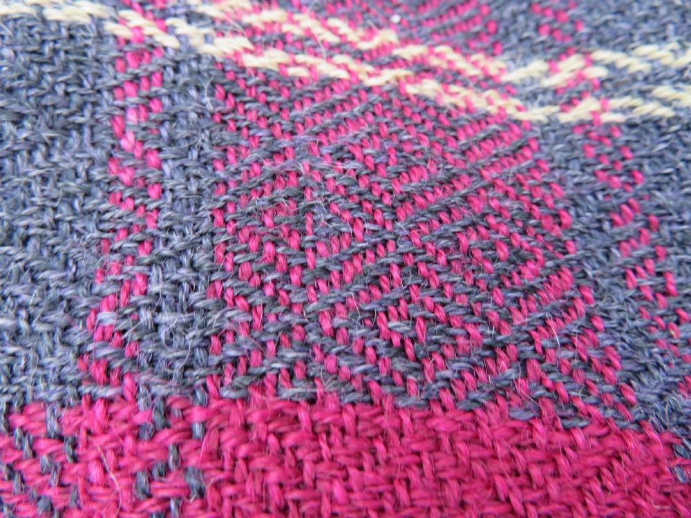 A rectangular flat-woven wool textile featuring crimson, navy, and cream geometric checked patterns with fringed ends. View XXIII