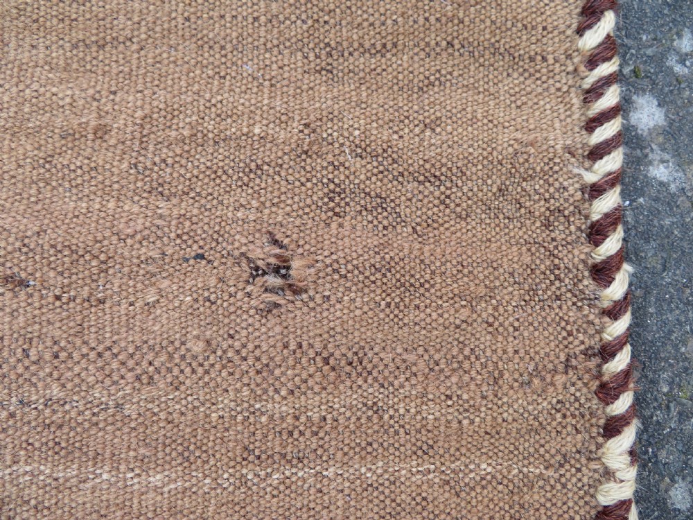 An antique flatweave rug featuring a central undyed tan wool field flanked by colourful horizontal striped end bands and braided fringe edges. View XIV