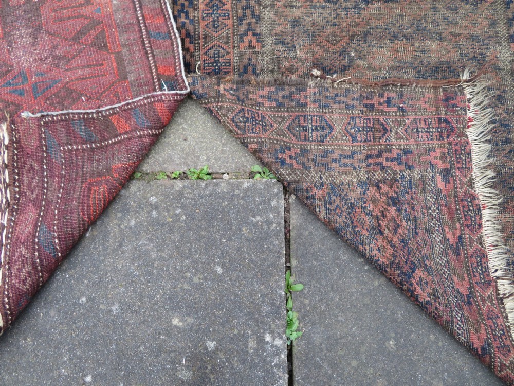 2 X ANTIQUE DISTRESSED BALUCH RUGS. NORTH EAST PERSIA. 118CM X 82CM. 88CM X 64CM. View XIII
