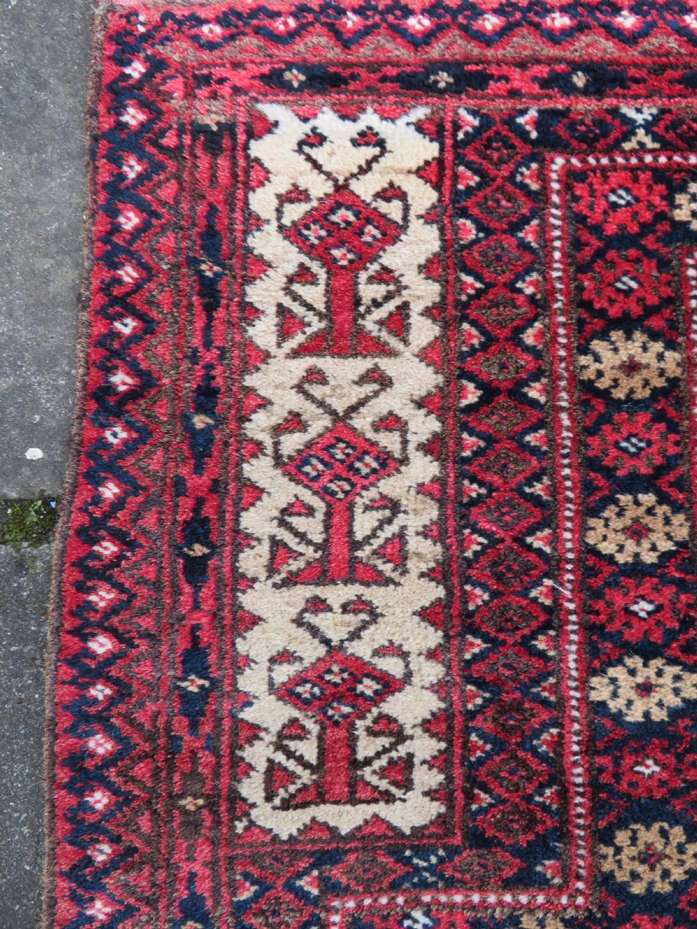 An antique hand-knotted Baluch wool rug featuring a central tree of life design on a cream field surrounded by red and navy geometric borders. View V
