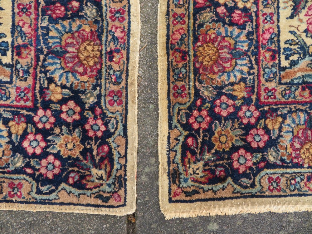 PAIR ANTIQUE IVORY GROUND FLORAL KERMAN KIRMAN RUGS. SOUTH PERSIA. 174CM X 90CM. View V