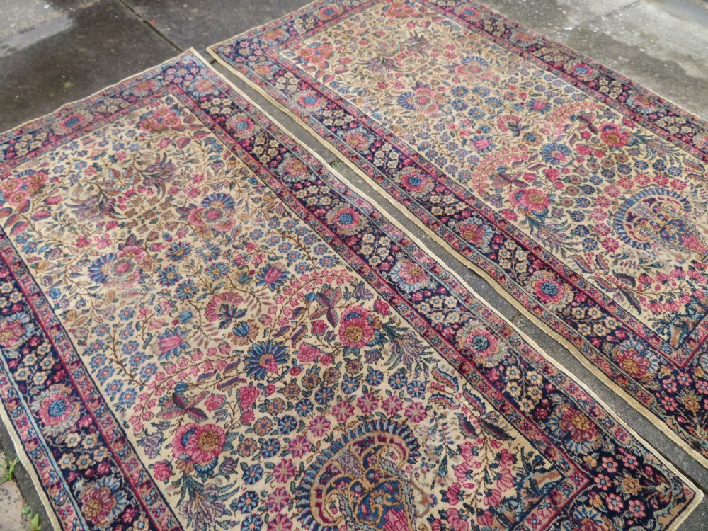 PAIR ANTIQUE IVORY GROUND FLORAL KERMAN KIRMAN RUGS. SOUTH PERSIA. 174CM X 90CM. View XV