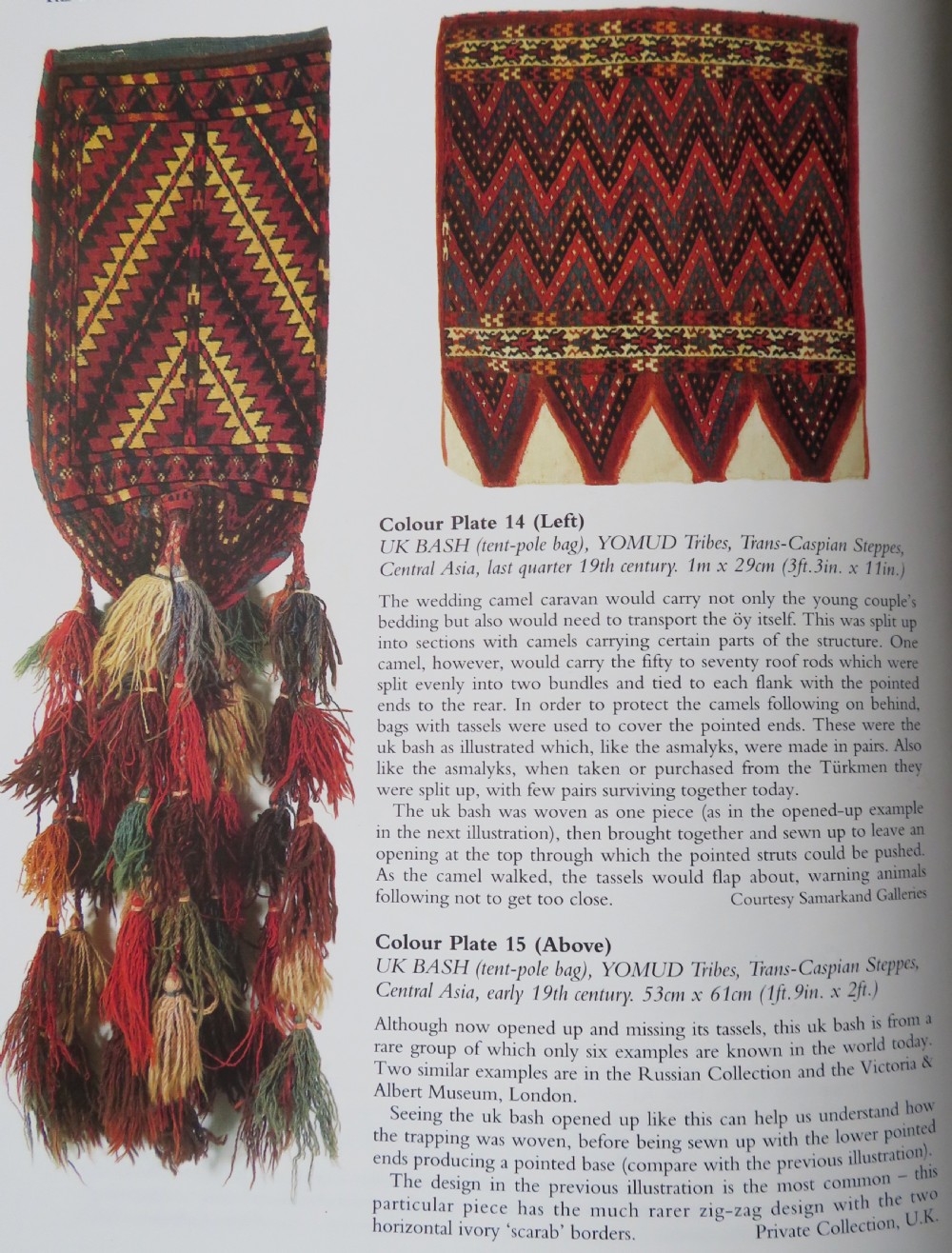 A hand-woven Yomut Turkmen Ok Bash tent-pole bag featuring geometric chevron patterns in rust brown, indigo, and cream wool, finished with braided ties and multi-coloured tassels. View XXV