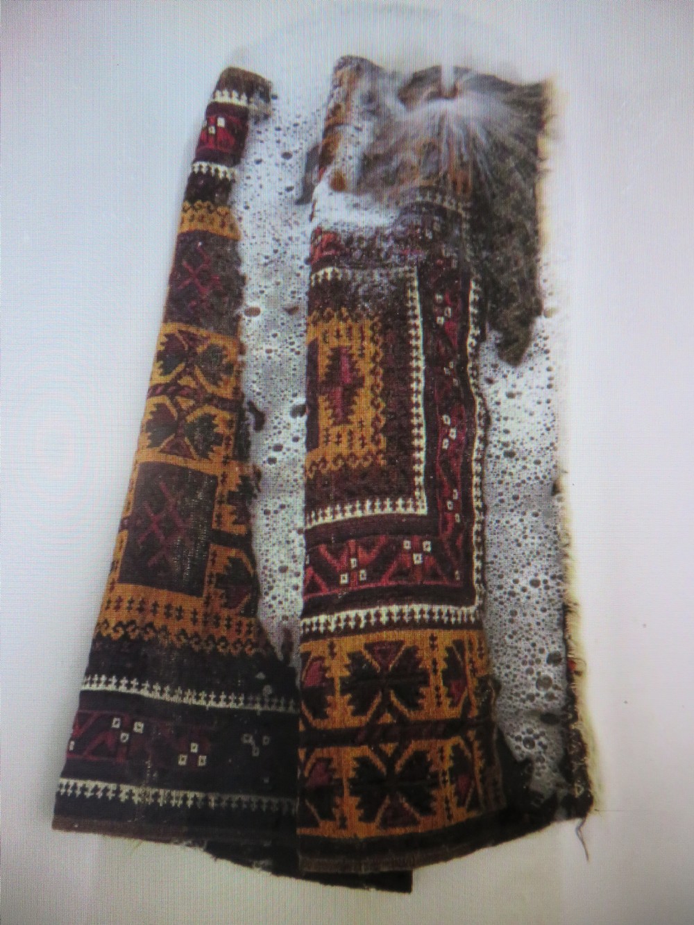 An antique Baluch wool prayer rug featuring a stepped arched mihrab design on a camel-coloured field with deep red and navy geometric motifs. View XXII