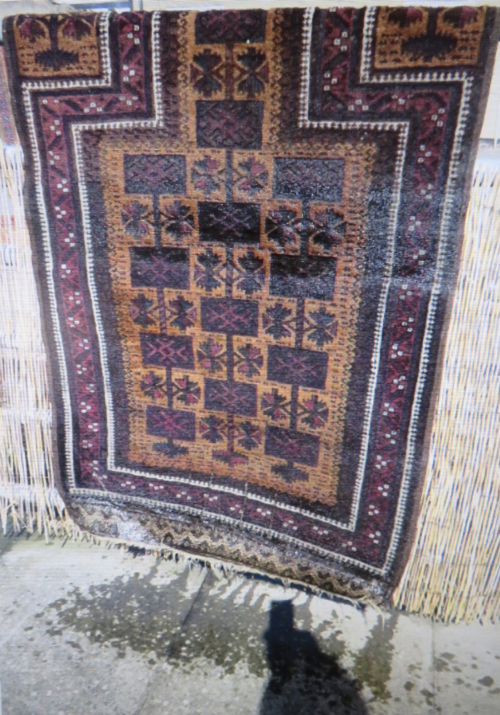 An antique Baluch wool prayer rug featuring a stepped arched mihrab design on a camel-coloured field with deep red and navy geometric motifs. View XXIV