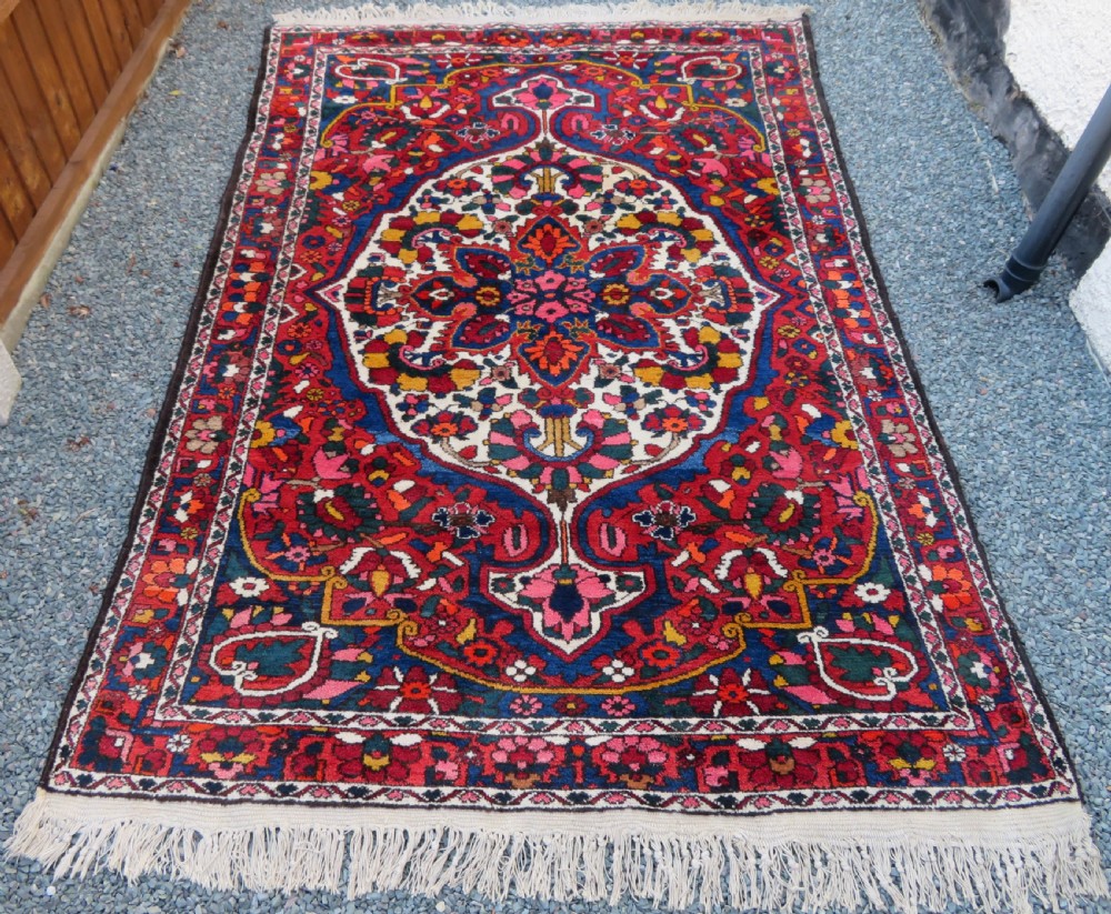 An antique Bakhtiari wool rug featuring a cream and pink central floral medallion framed by red and navy blue fields with complex botanical borders. View II