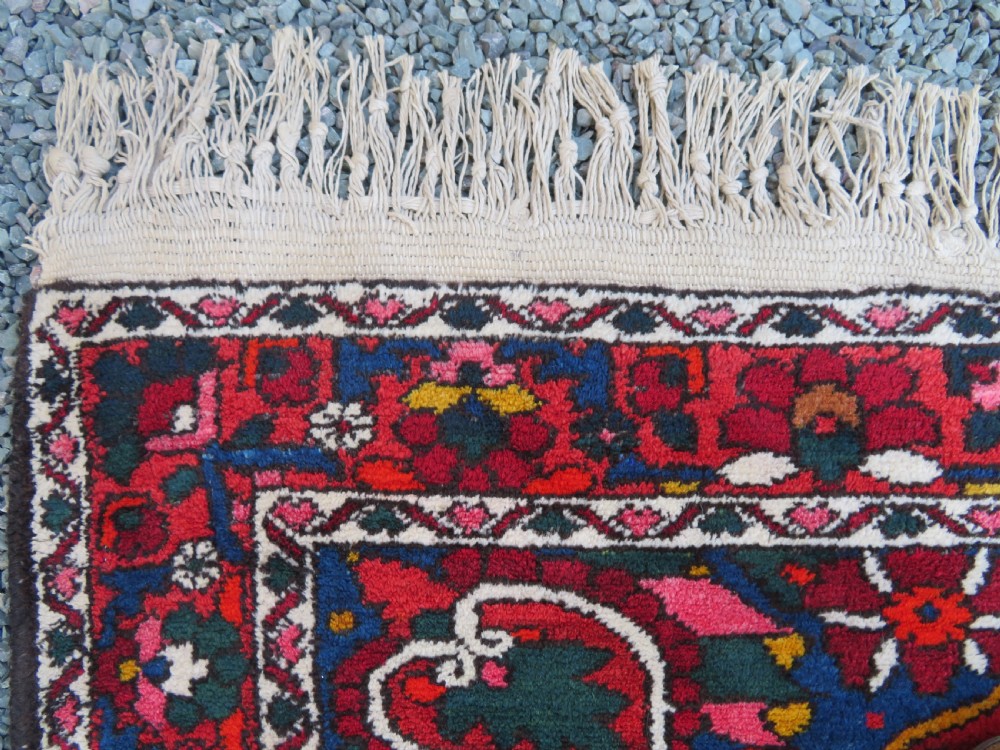 An antique Bakhtiari wool rug featuring a cream and pink central floral medallion framed by red and navy blue fields with complex botanical borders. View V