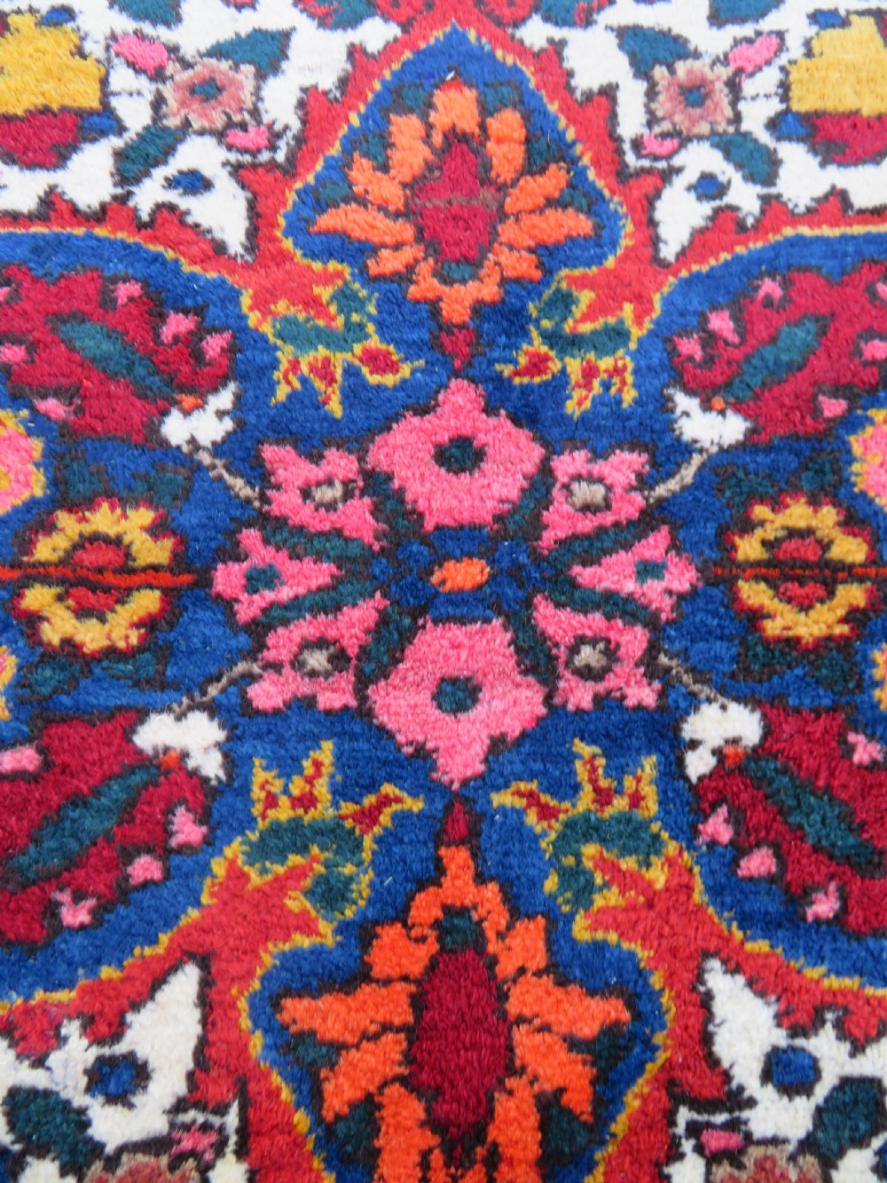 An antique Bakhtiari wool rug featuring a cream and pink central floral medallion framed by red and navy blue fields with complex botanical borders. View XIII