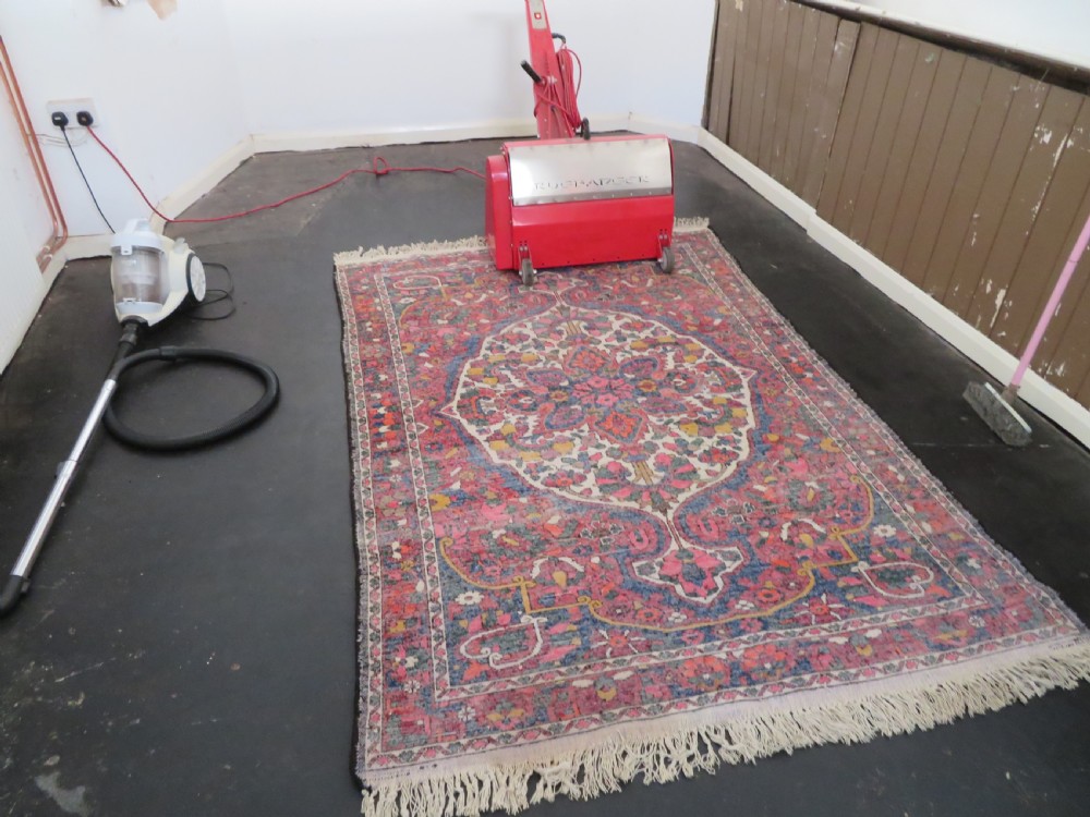 An antique Bakhtiari wool rug featuring a cream and pink central floral medallion framed by red and navy blue fields with complex botanical borders. View XIX