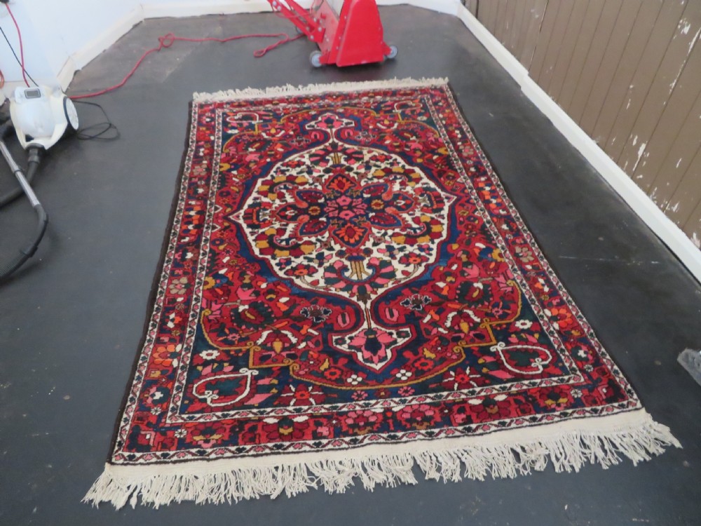 An antique Bakhtiari wool rug featuring a cream and pink central floral medallion framed by red and navy blue fields with complex botanical borders. View XXII