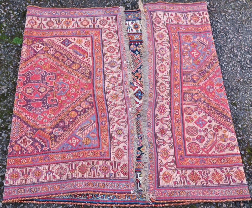 An antique hand-knotted Qashqai Kashkuli wool rug featuring three stacked diamond medallions in red, indigo blue, and ivory surrounded by intricate geometric borders. View XXIII